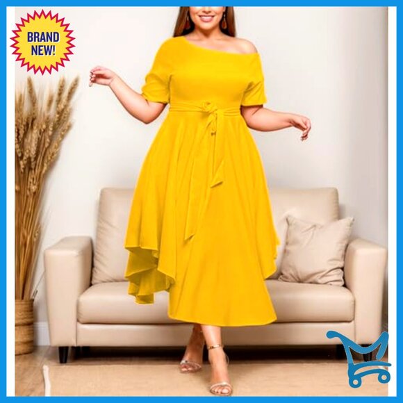 Off Shoulder Boat Neck Midi Dress Flowy Formal Elegant Wedding Guest Church Wear - Picture 6 of 6